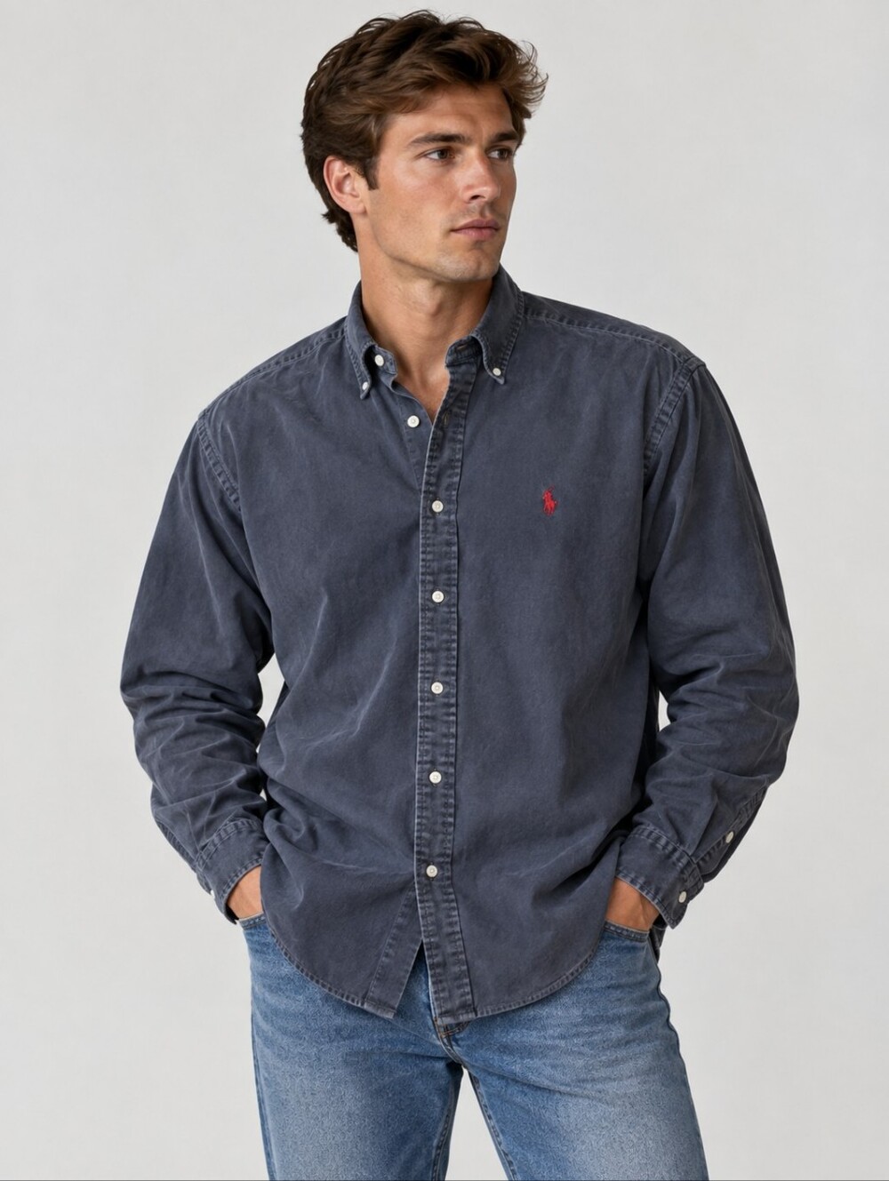 Ralph Lauren Blaire Button Front Medium Shirt Black Gray Faded 90s Long Sleeved